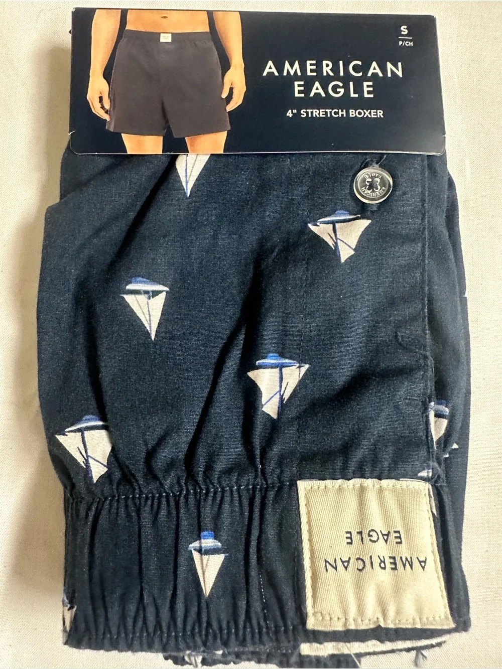 American Eagle Navy Boxer Shorts with White & Blue Sailboat Print